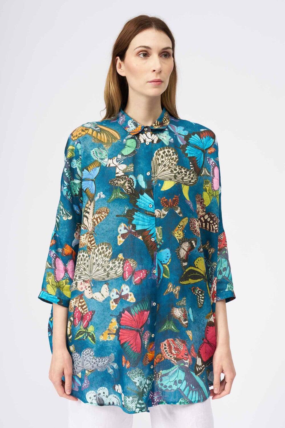 120% Lino Oversized Butterfly Print Shirt