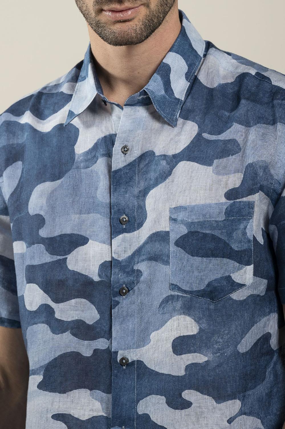 120% Lino Regular Fit Camo Print Shirt