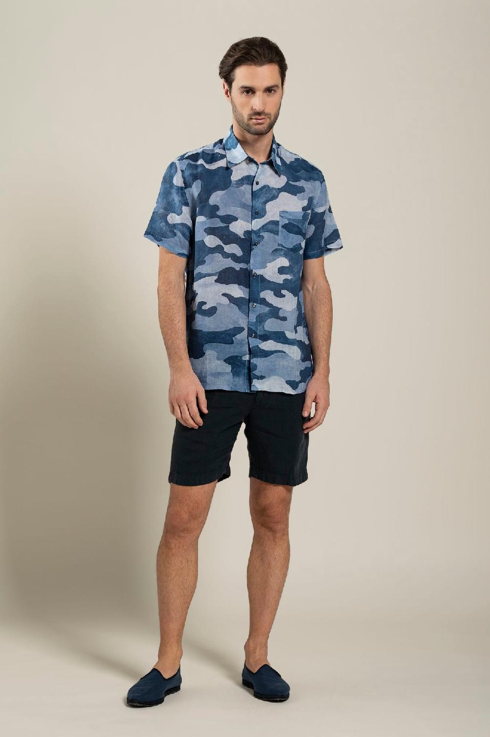 120% Lino Regular Fit Camo Print Shirt