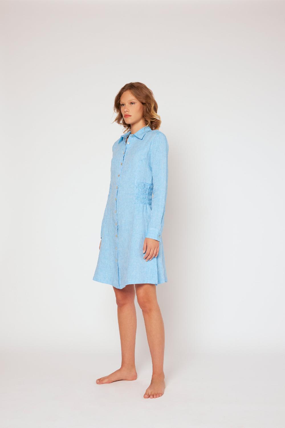 120% Lino Shirt Dress With Elasticized Ruched Waist