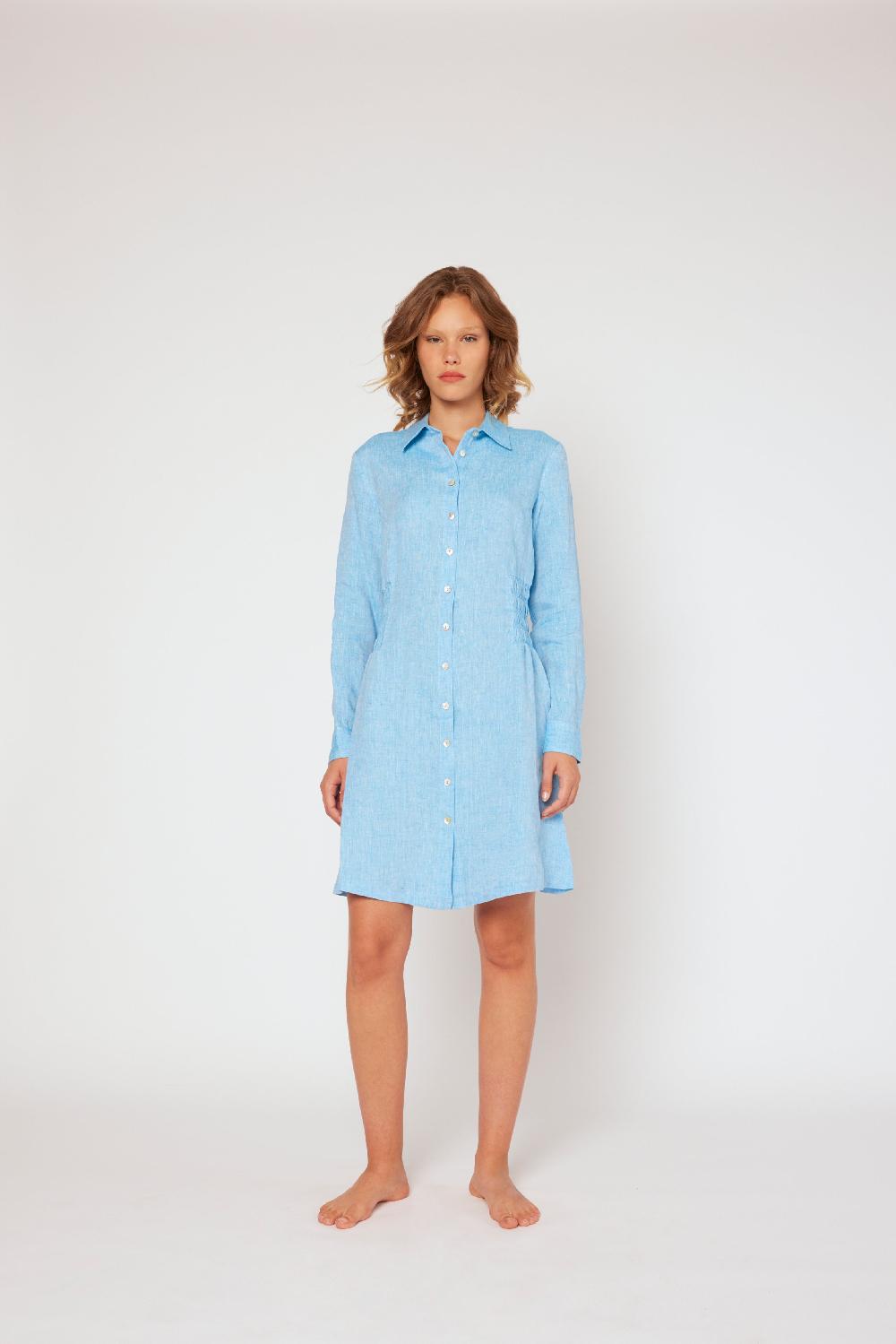 120% Lino Shirt Dress with Elasticized Ruched Waist