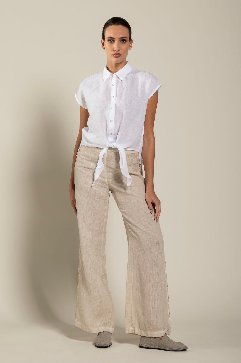 120% Lino Short-Sleeve Linen Shirt With Front Tie