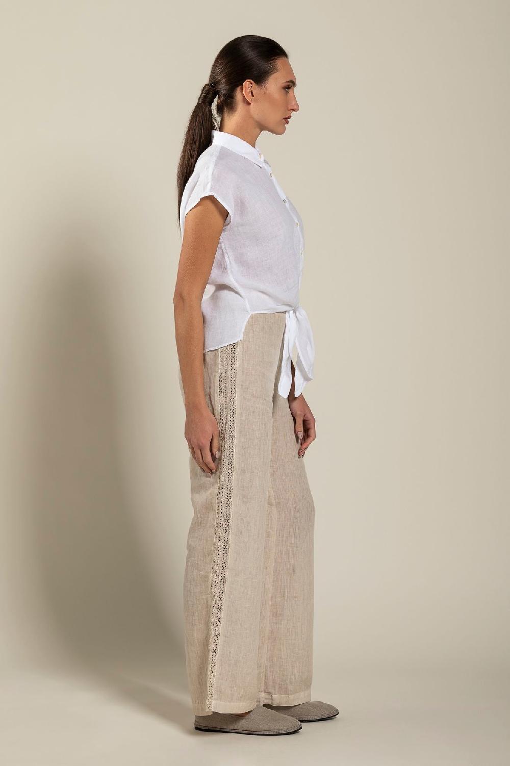 120% Lino Short-Sleeve Linen Shirt With Front Tie