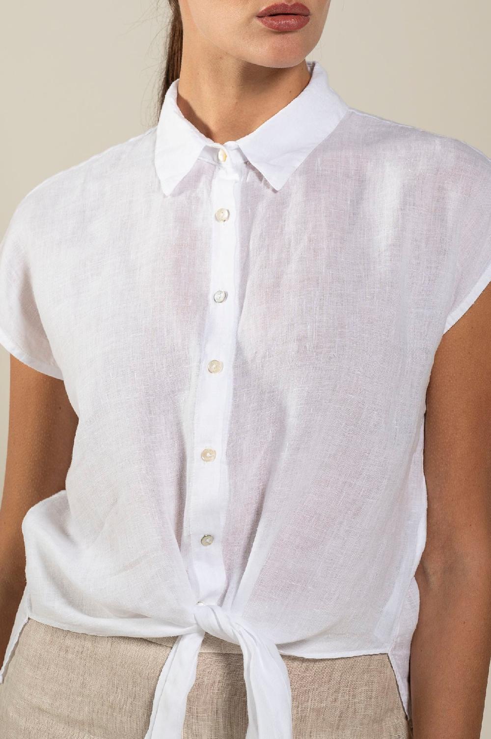 120% Lino Short-Sleeve Linen Shirt with Front Tie
