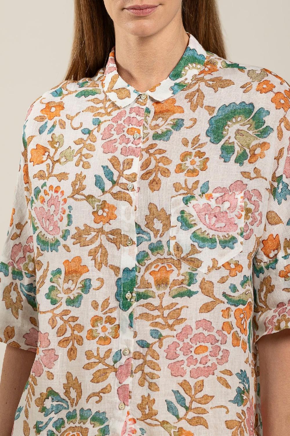 120% Lino Short Sleeve Woman Floral Pattern Shirt
