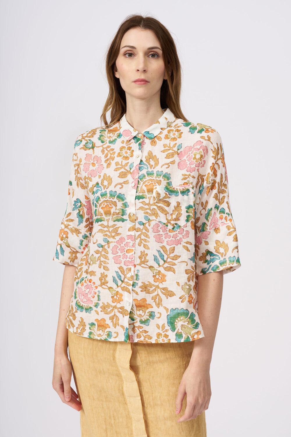 120% Lino Short Sleeve Woman Floral Pattern Shirt