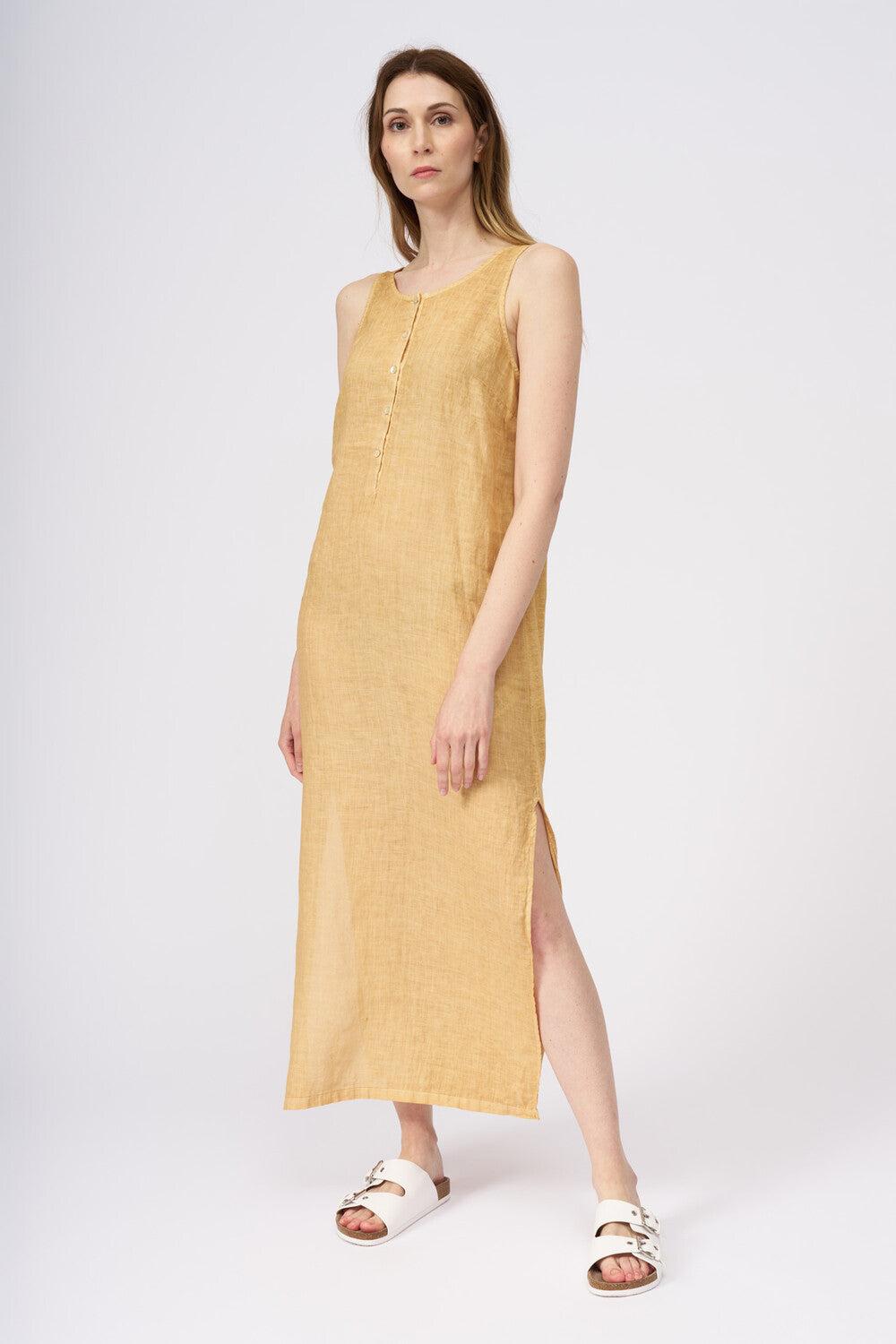 120% Lino Sleeveless Long Dress With Side Slits