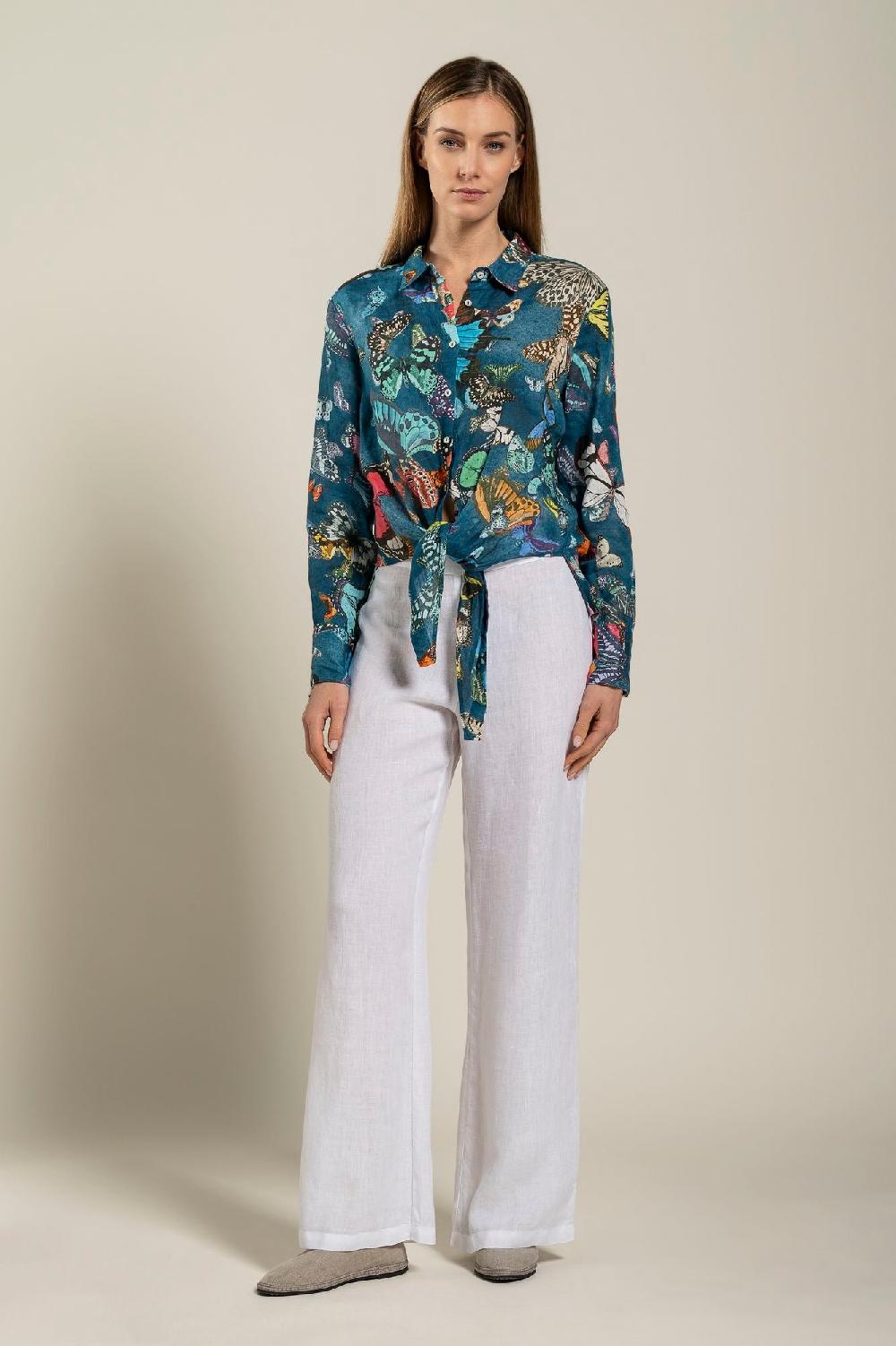 120% Lino Tie-Front Butterfly Print Shirt