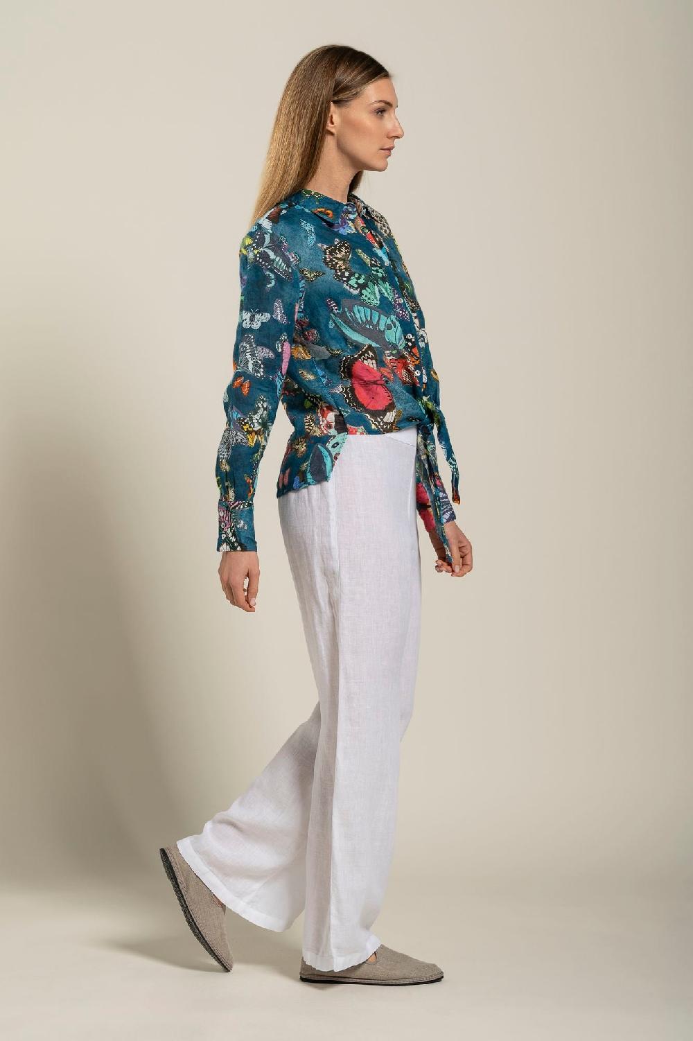 120% Lino Tie-Front Butterfly Print Shirt