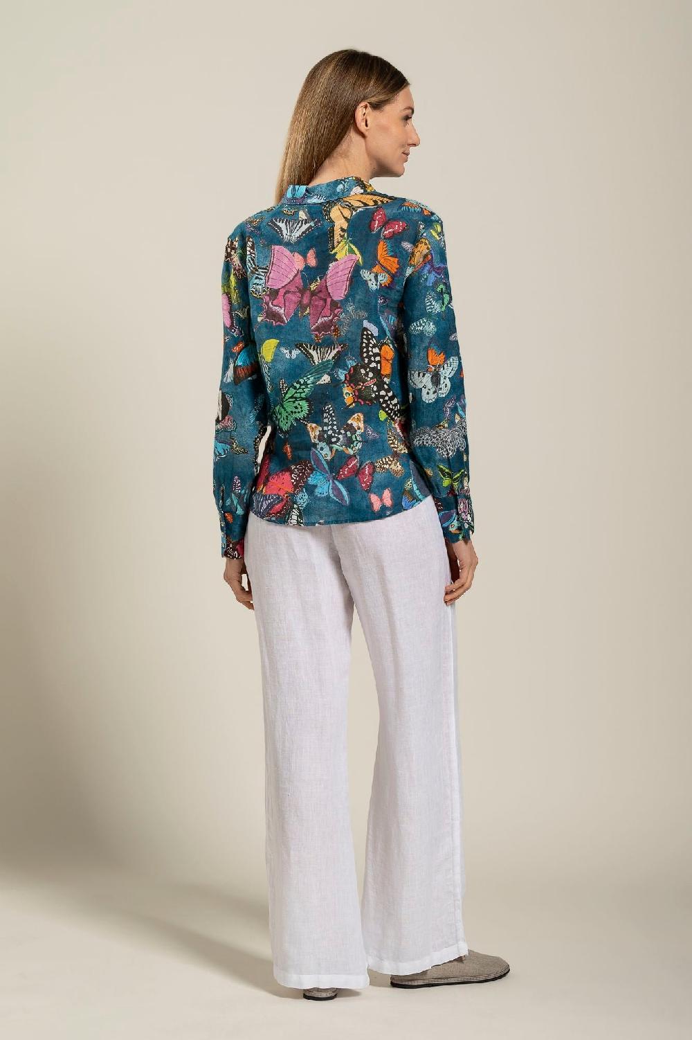 120% Lino Tie-Front Butterfly Print Shirt