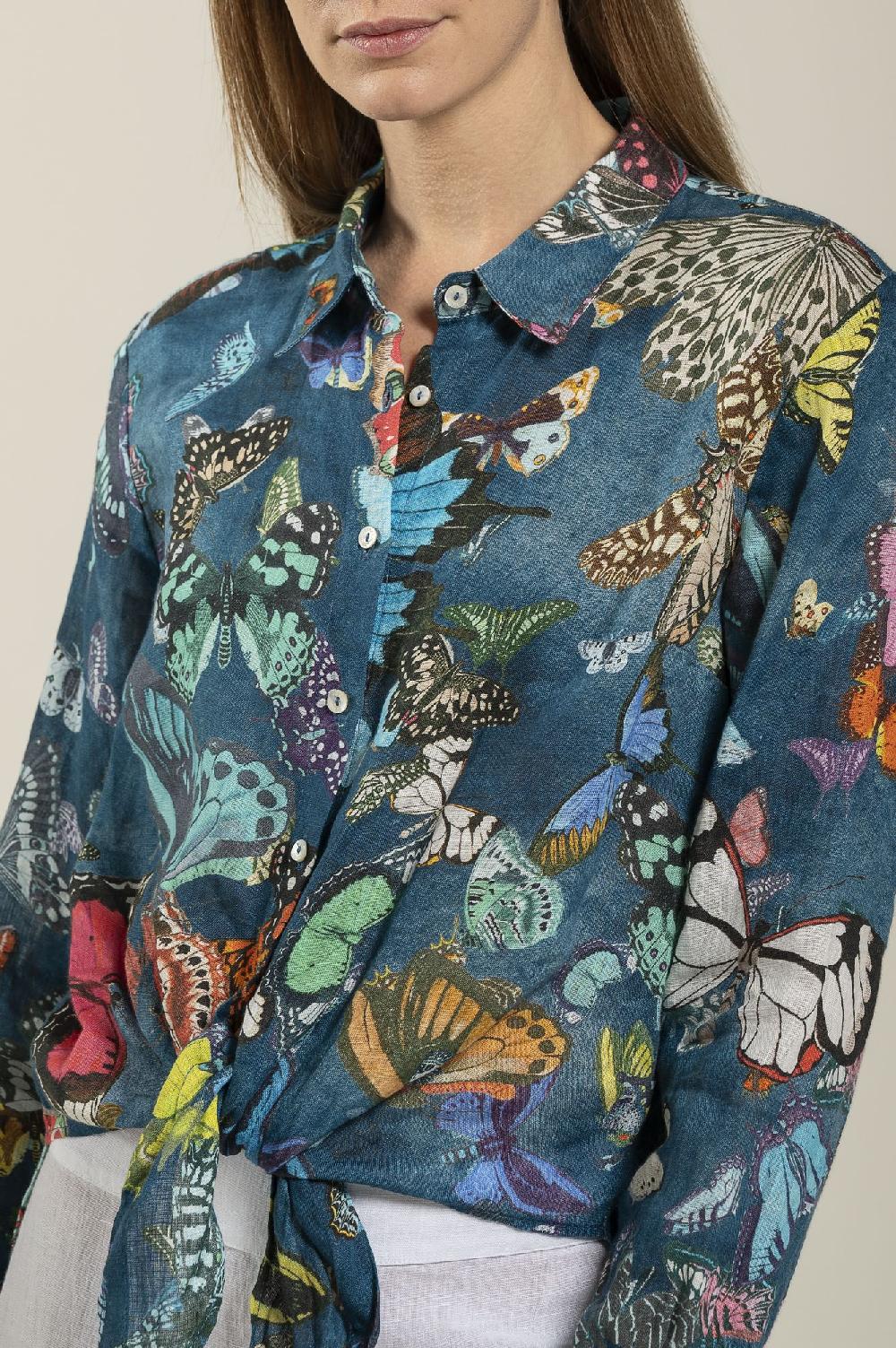 120% Lino Tie-Front Butterfly Print Shirt