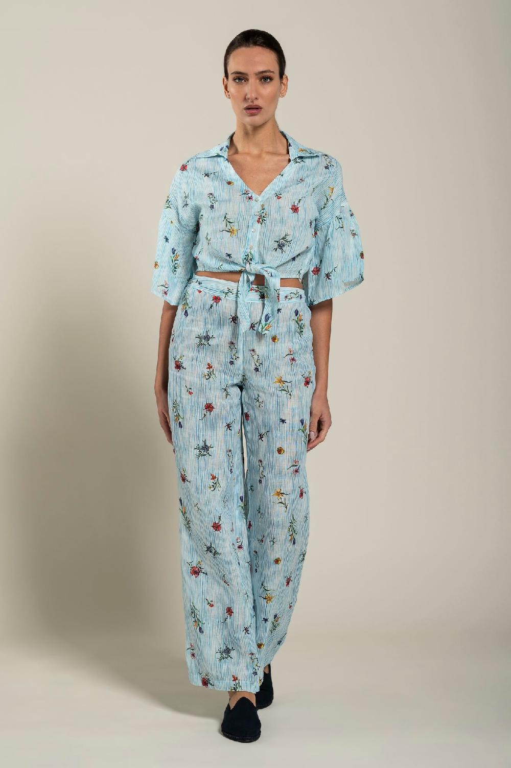 120% Lino Tie-Front Striped Shirt