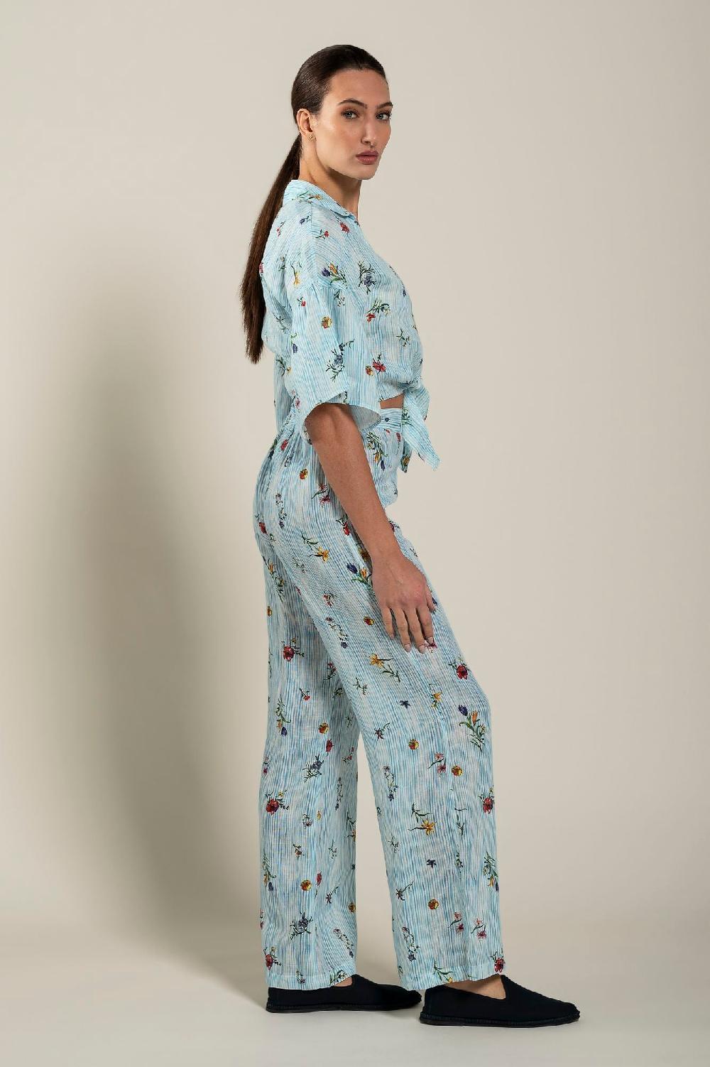 120% Lino Tie-Front Striped Shirt