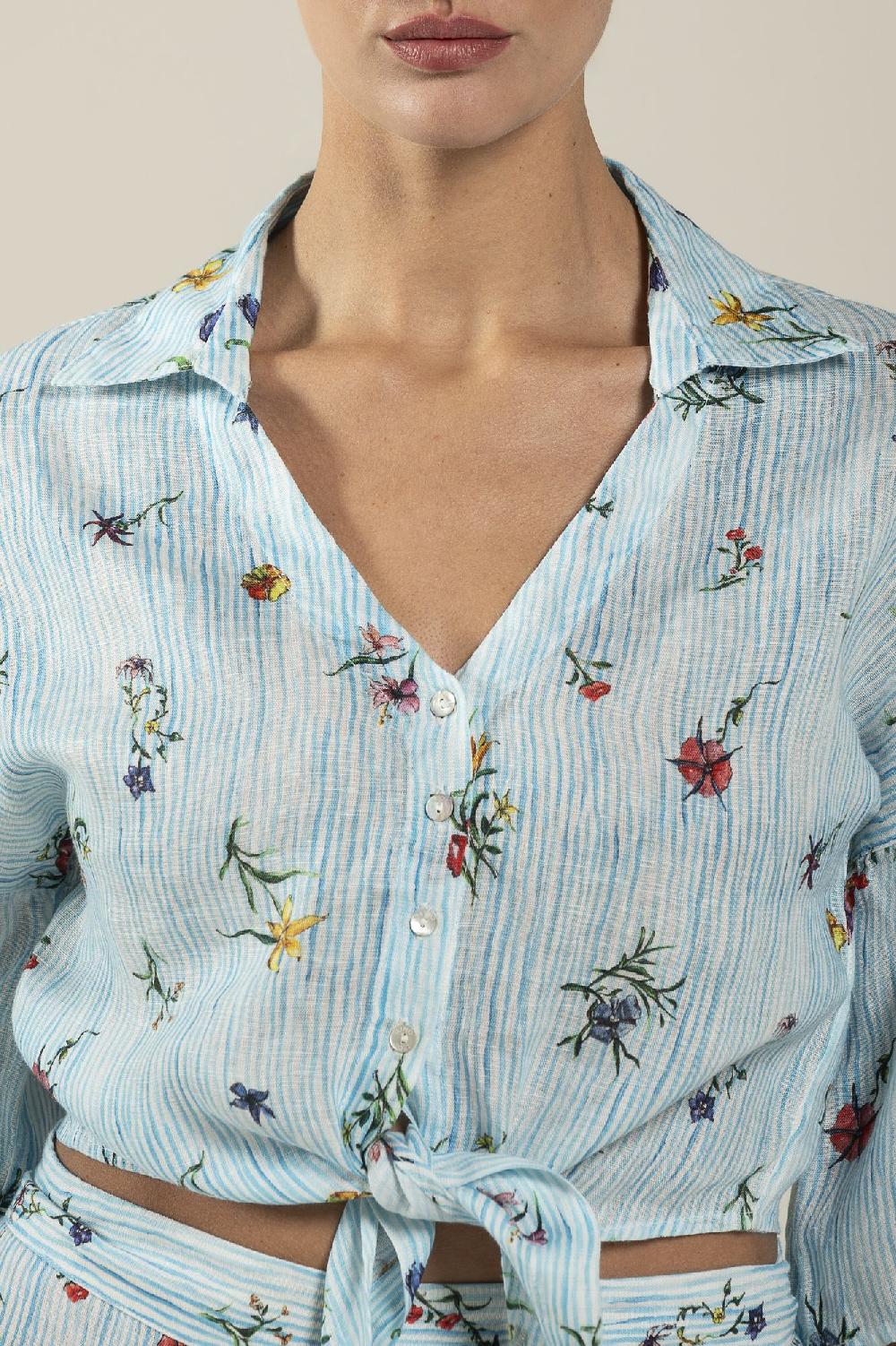 120% Lino Tie-Front Striped Shirt