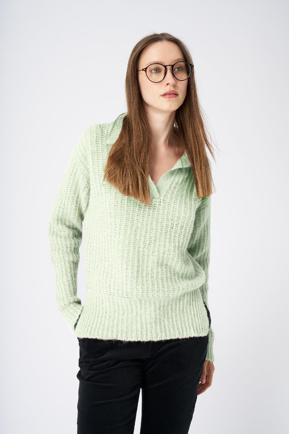 120% Lino V-Neck Collared Cashmere Blend Sweater