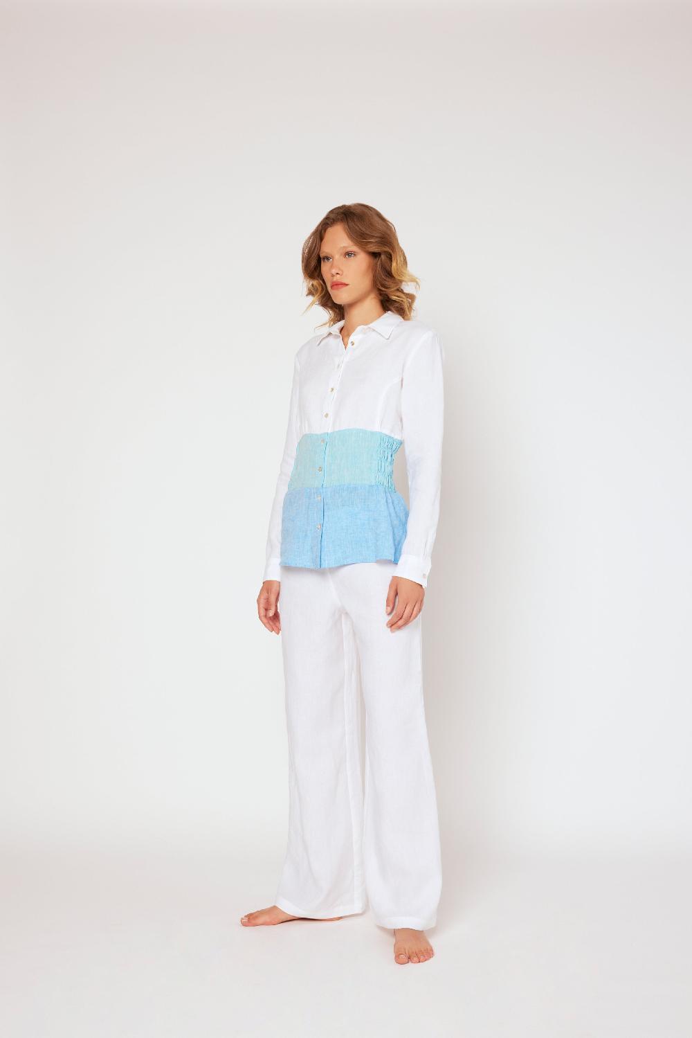 120% Lino Yarn-dyed Linen Blouse White/Blue
