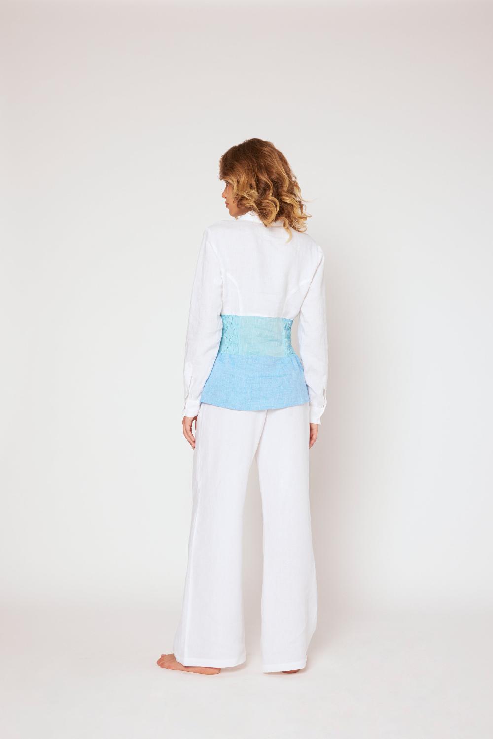 120% Lino Yarn-dyed Linen Blouse White/Blue