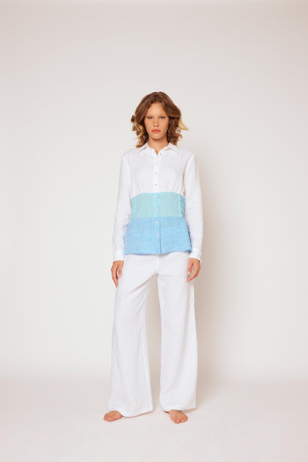 120% Lino Yarn-dyed linen blouse White/Blue