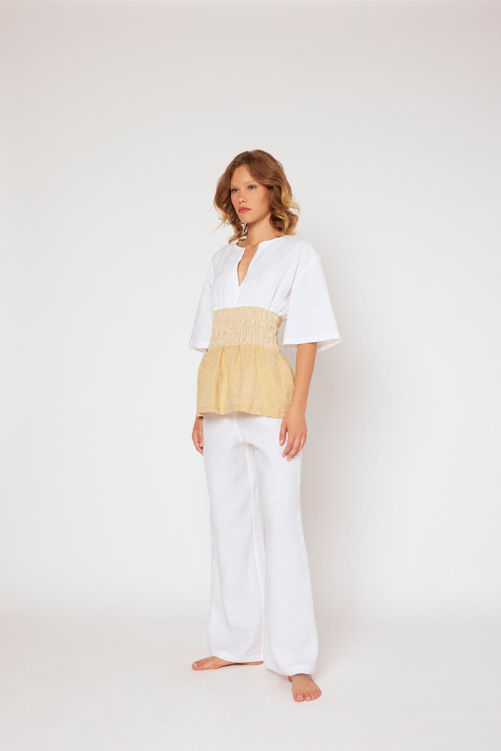 120% Lino Yarn-dyed Linen Top White/Beige