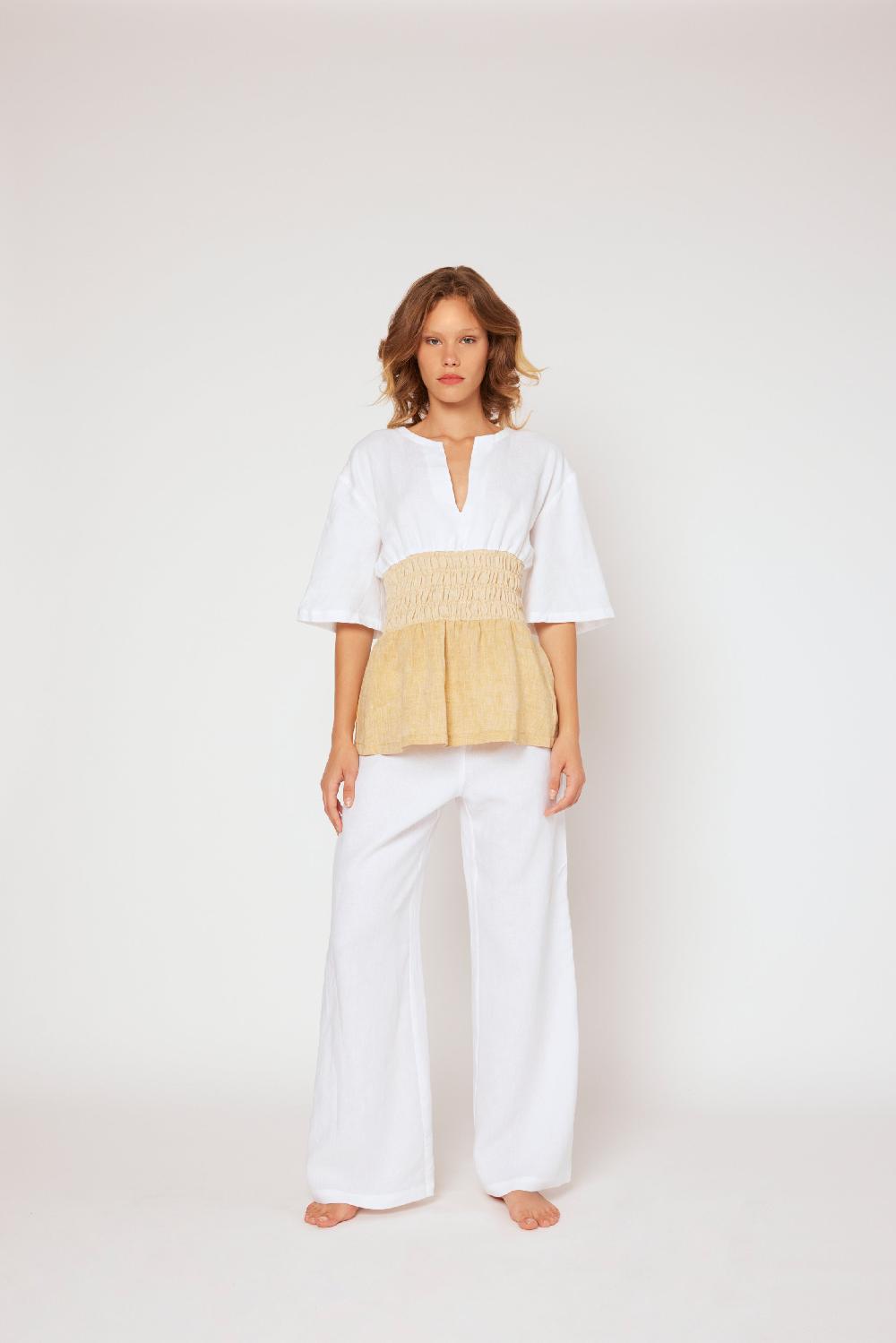 120% Lino Yarn-dyed linen top White/Beige