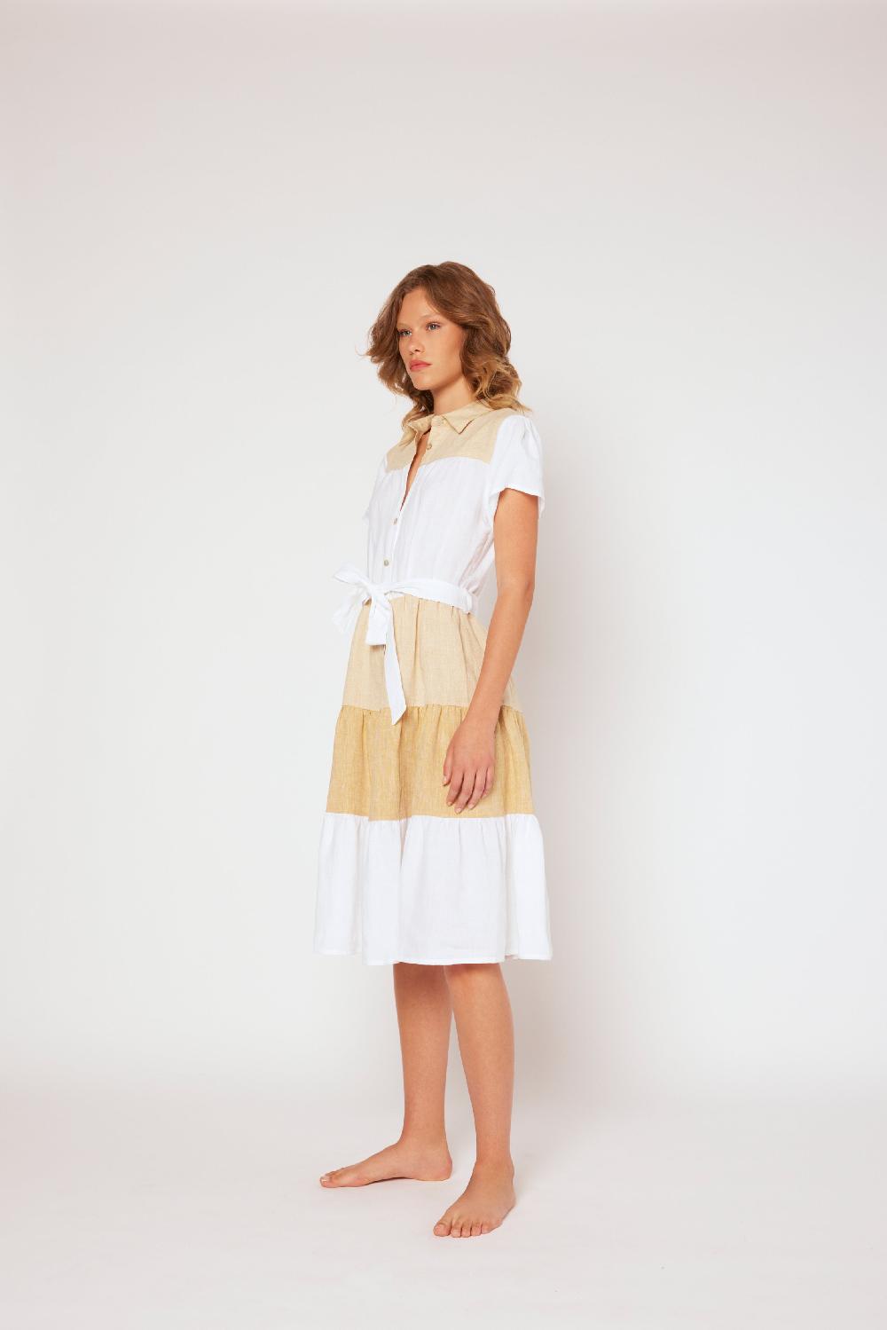 120% Lino Yarn-dyed Short Sleeve Dress