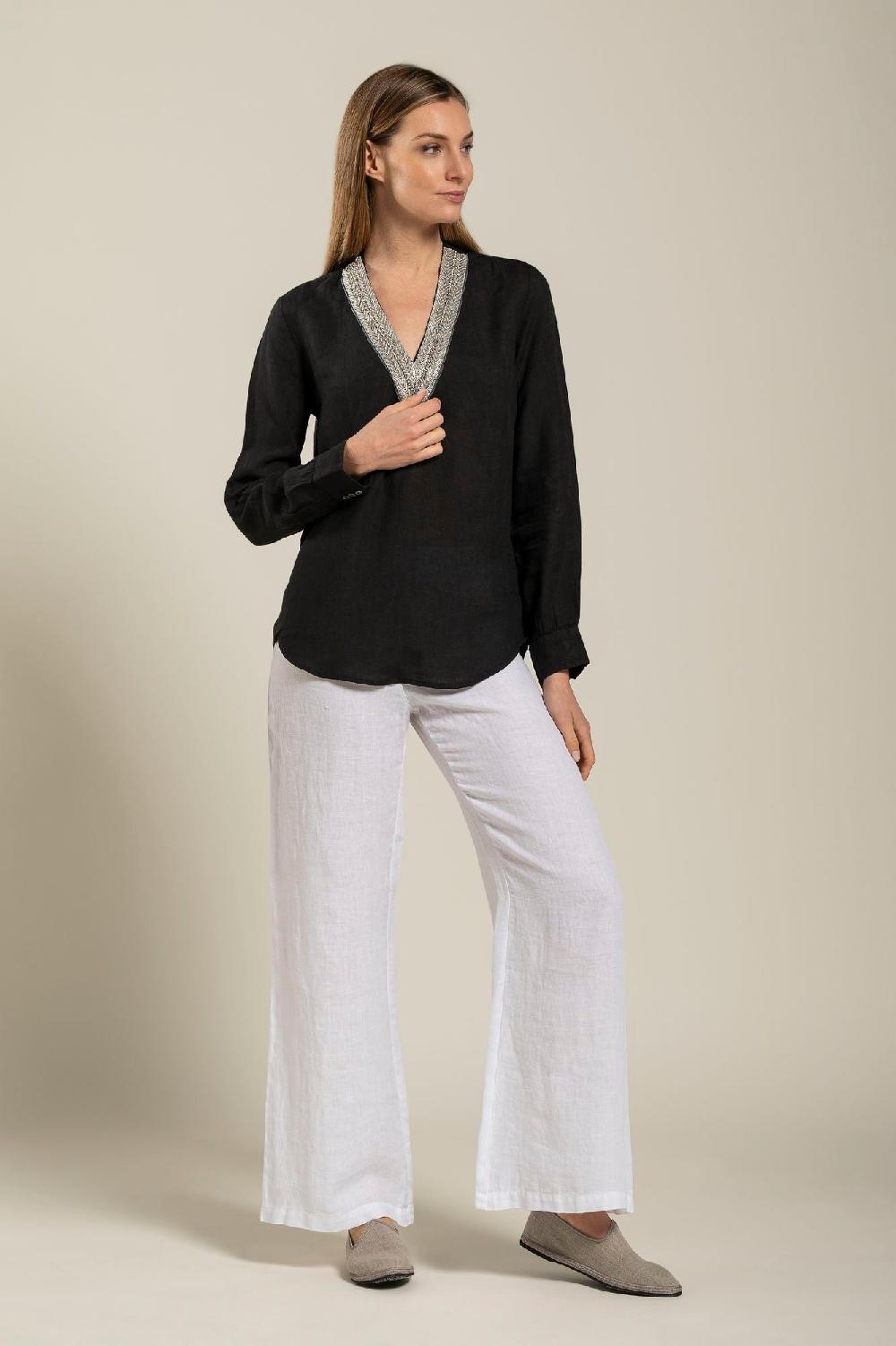 120% Lino Long Sleeve Blouse With V-Neck And Sequin Detail