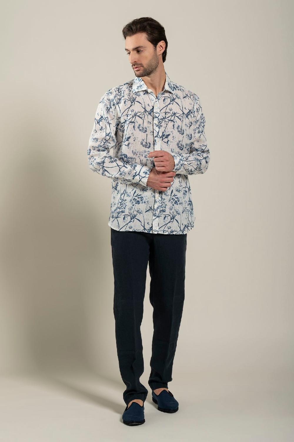 120% Lino Long Sleeve Man Slim Floral Patterned Fit Shirt