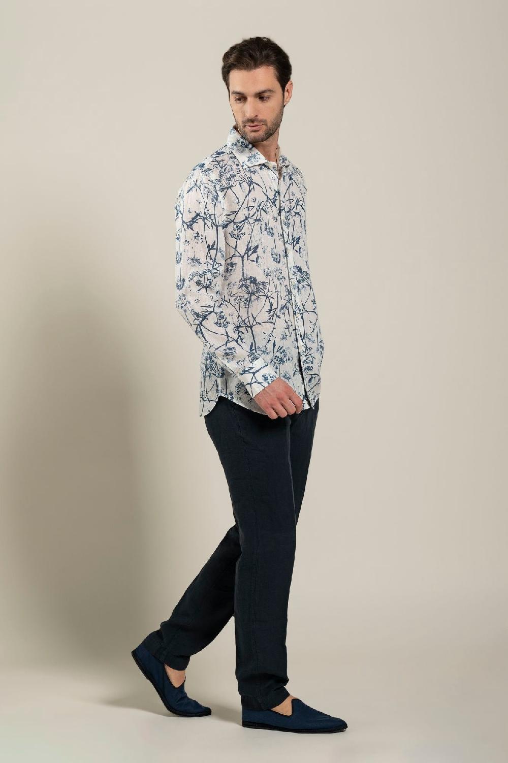 120% Lino Long Sleeve Man Slim Floral Patterned Fit Shirt