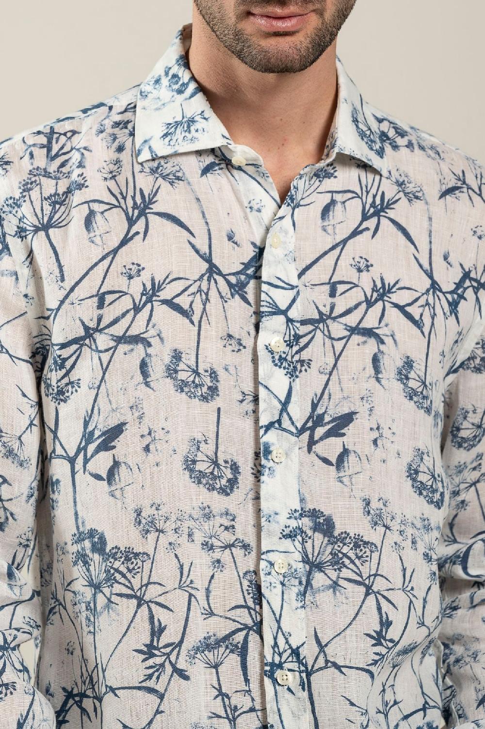 120% Lino Long Sleeve Man Slim Floral Patterned Fit Shirt