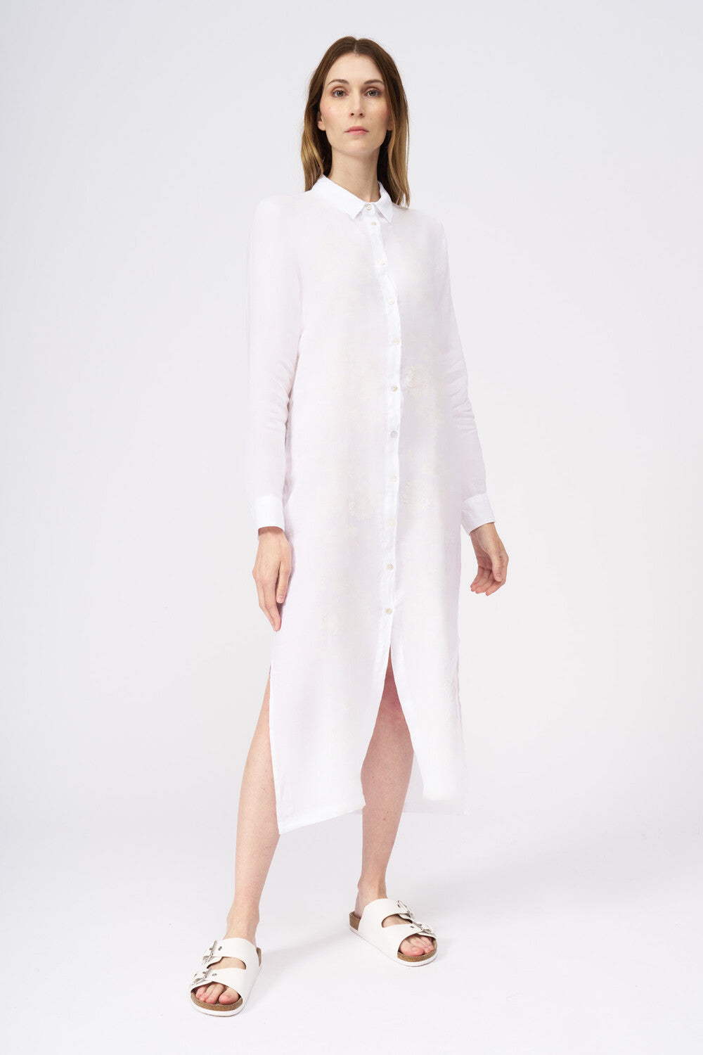 120% Lino Long Sleeve Shirt Dress With Front Buttons and Side Slits