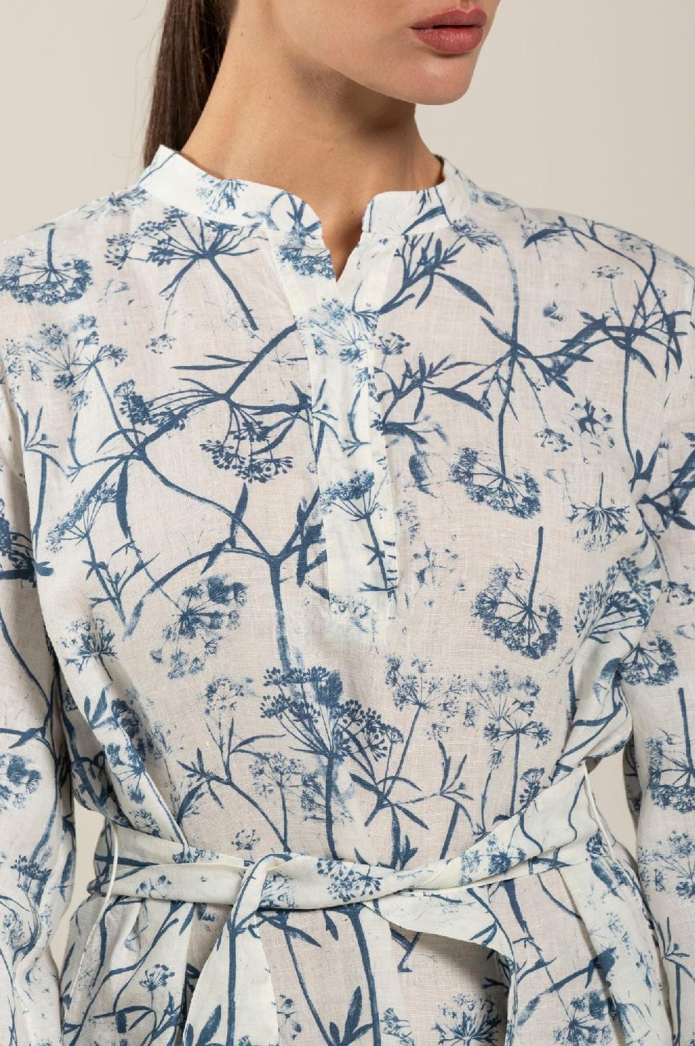 120% Lino Long Sleeve Woman Floral Patterned Dress With Belt