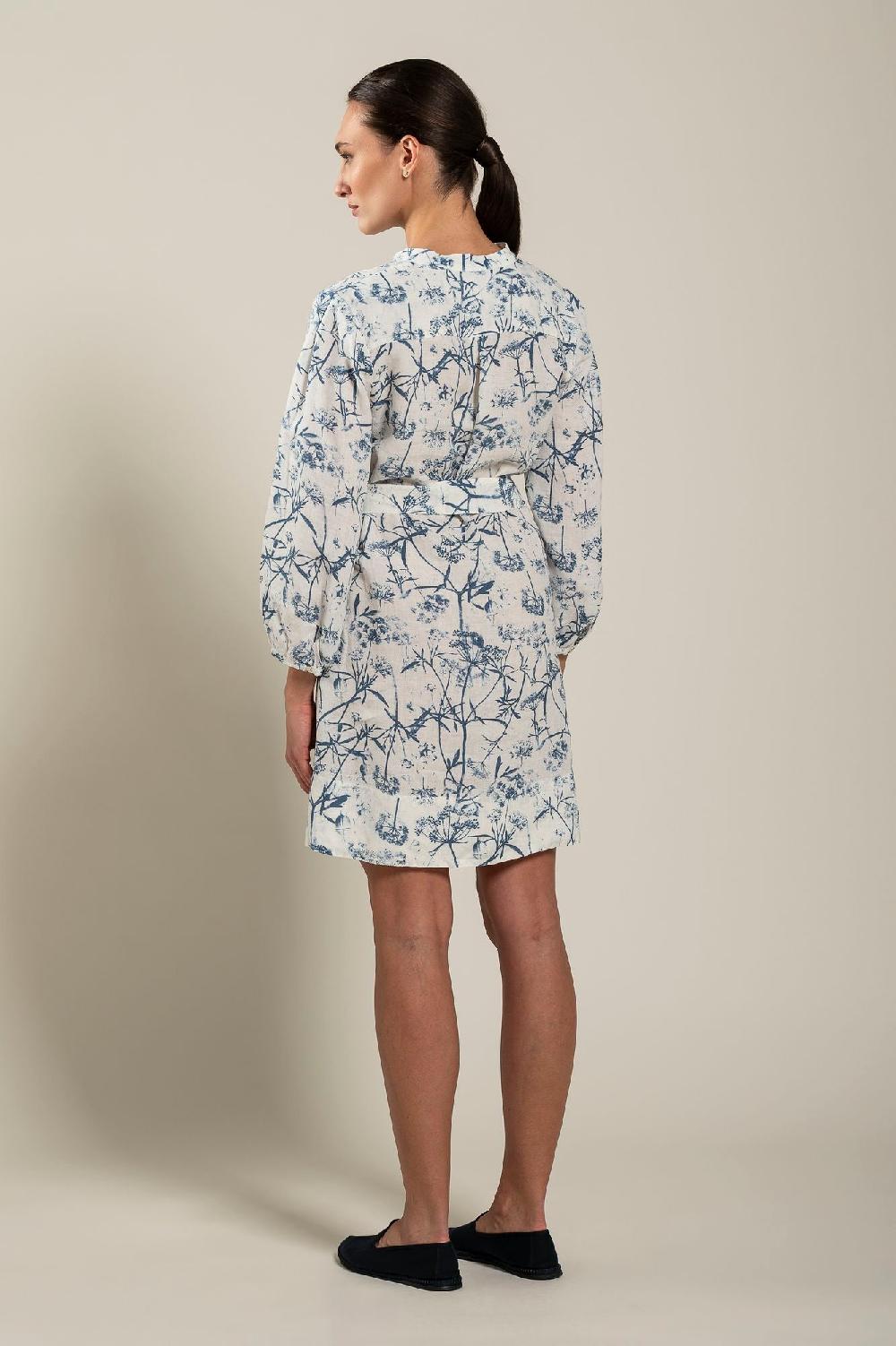 120% Lino Long Sleeve Woman Floral Patterned Dress With Belt