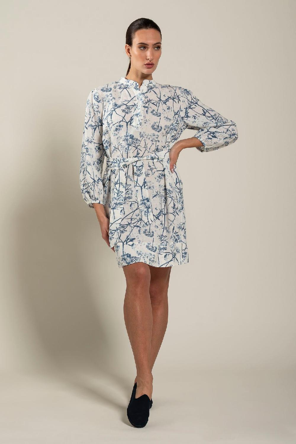 120% Lino Long Sleeve Woman Floral Patterned Dress With Belt