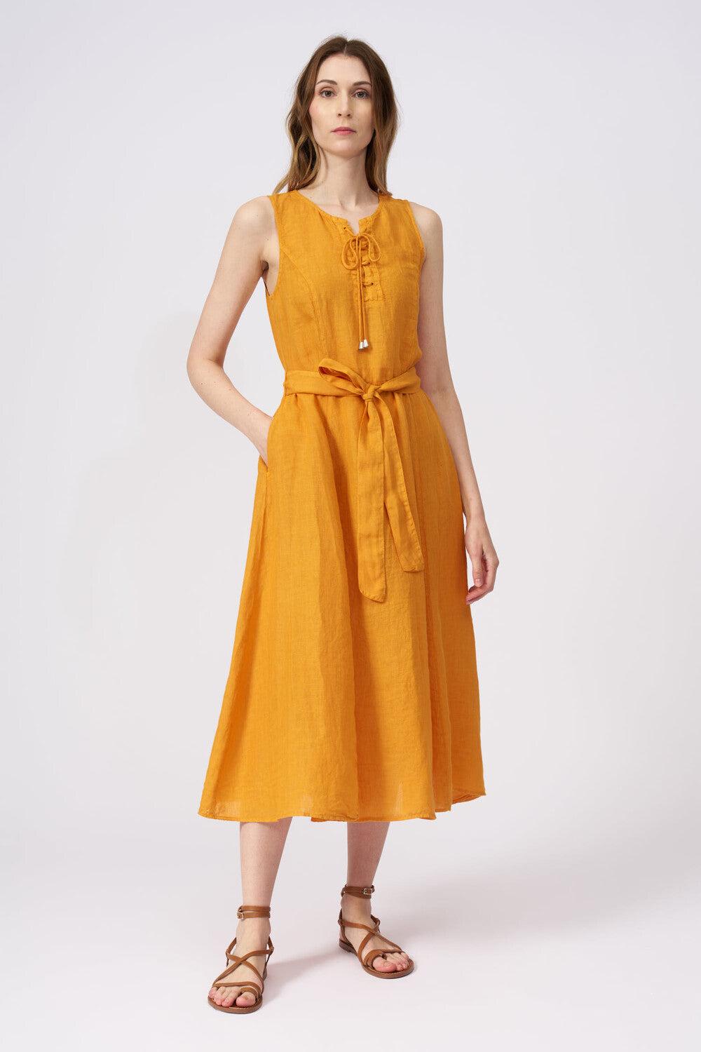 120% Lino Sleeveless Midi Dress with Drawstring Neckline and Belt