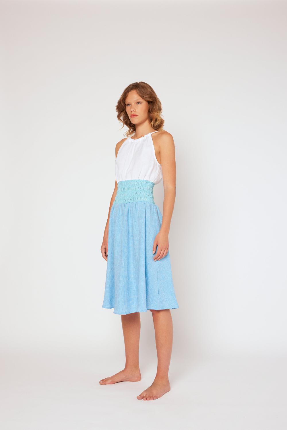 120% Lino Yarn-dyed Linen Halter Dress White/MixBlue
