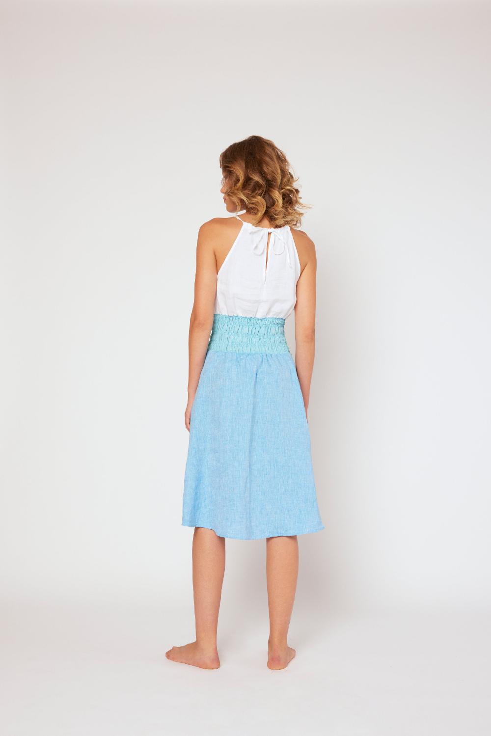 120% Lino Yarn-dyed Linen Halter Dress White/MixBlue