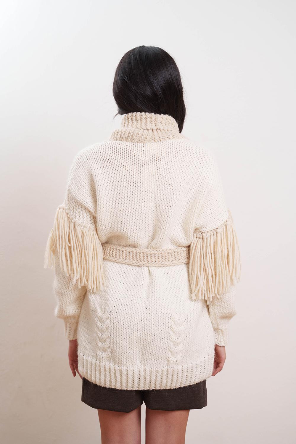 Tricot à Porter Cardigan Collo A Scialle Cintura E Frange Sul Giro Manica Basso