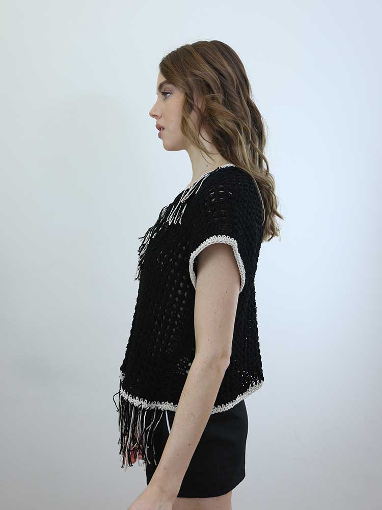 Tricot à Porter MAGLIA CUBO SENZA MANICHE SCOLLO V CON FRANGE