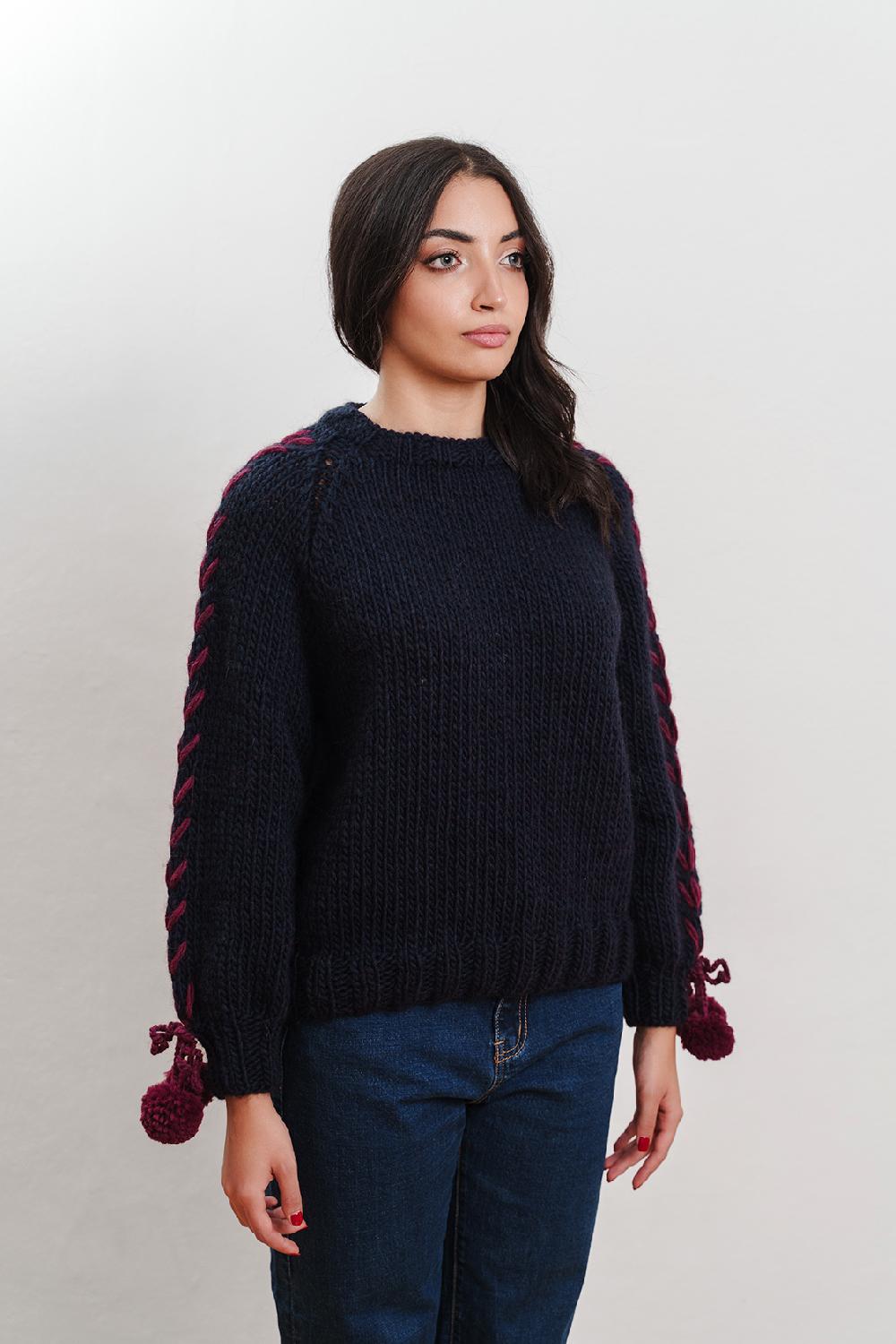 Tricot à Porter Maglia Giro Collo Manica Con Ricami In Costa E Pp Ai Polsi