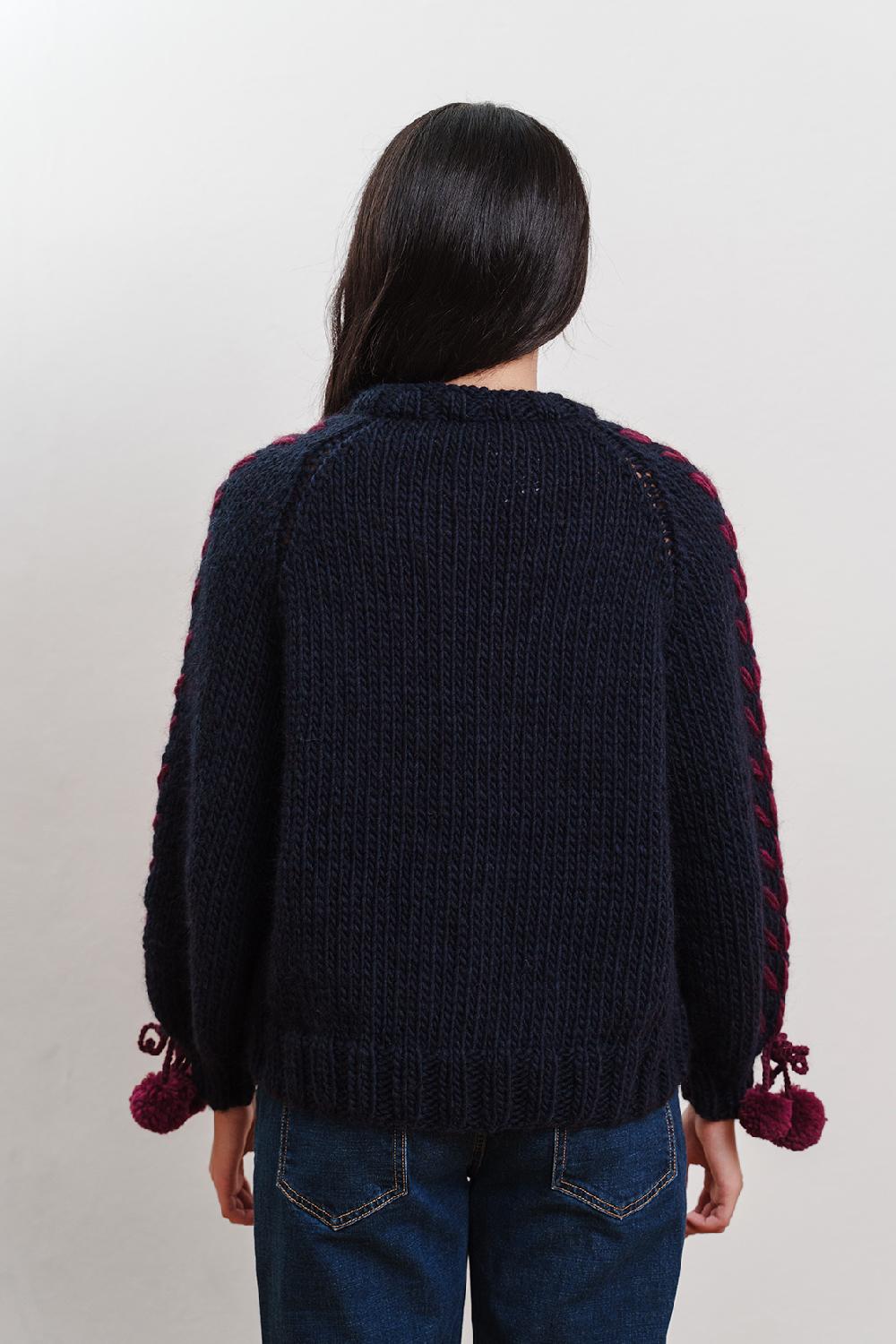 Tricot à Porter Maglia Giro Collo Manica Con Ricami In Costa E Pp Ai Polsi