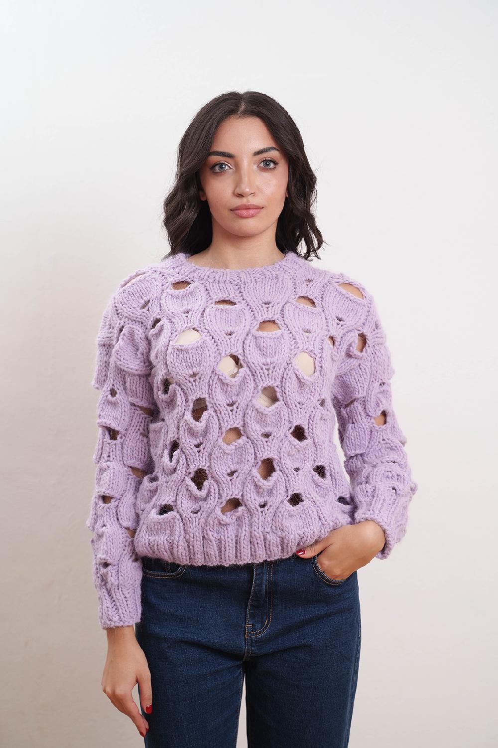 Tricot à Porter Maglia Girocollo In Lana Traforata All Over