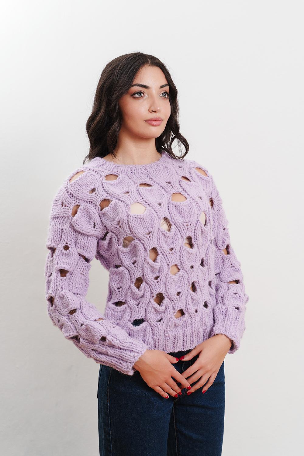 Tricot à Porter Maglia Girocollo In Lana Traforata All Over