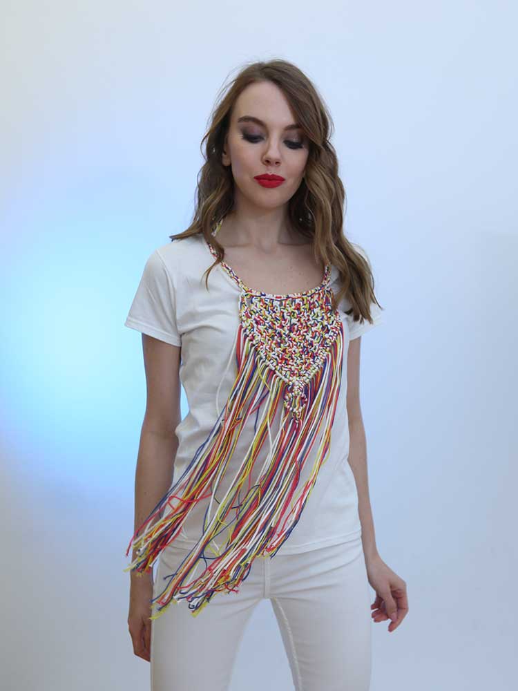 Tricot à Porter T-SHIRT APPLICAZIONE CROCHET E FRANGIA