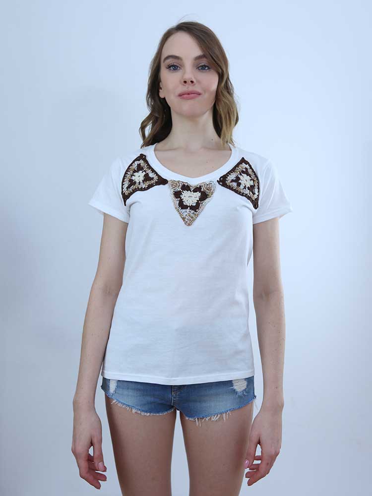 Tricot à Porter T-SHIRT SCOLLO PROFONDO APPLICAZIONI CROCHET
