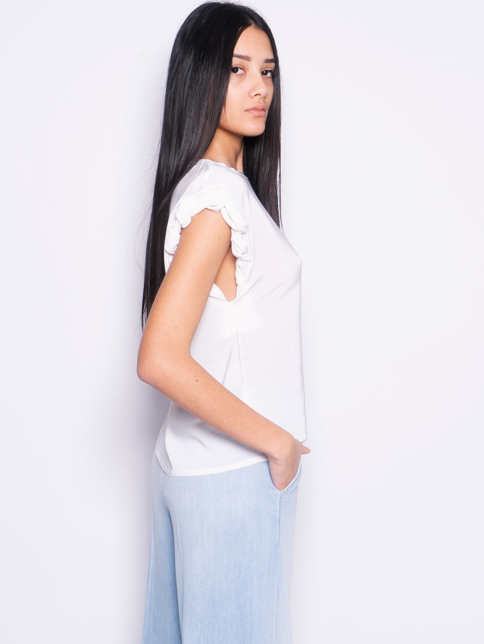 PINKO Blusa Girocollo Con Lavorazione Sulla Manica Bianco