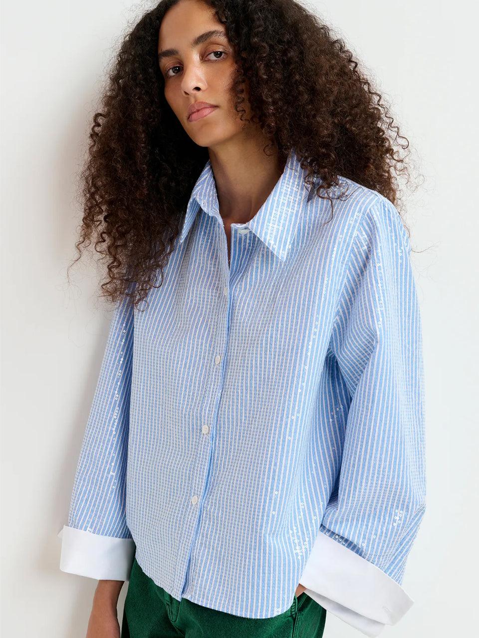 ESSENTIEL ANTWERP Camicia A Righe Con Paillettes Bianco/Blu