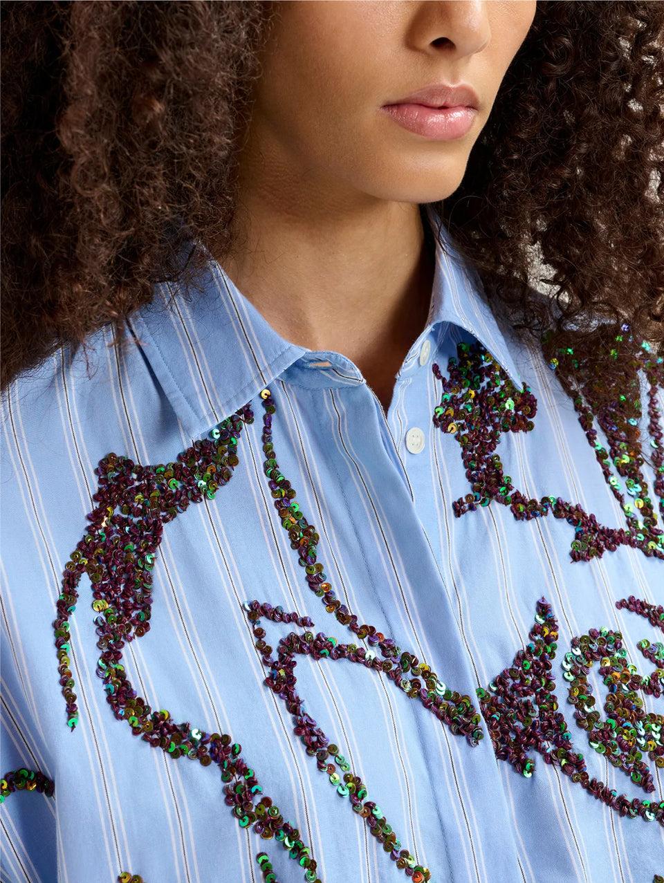 ESSENTIEL ANTWERP Camicia In Popeline Con Fiori Di Paillettes Bianco/Blu