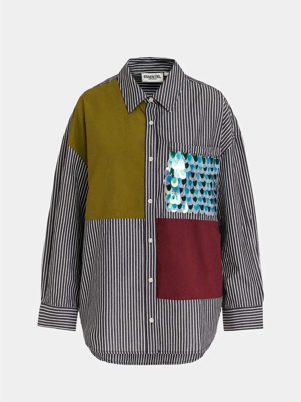 ESSENTIEL ANTWERP Camicia Over A Righe Patchwork Nero