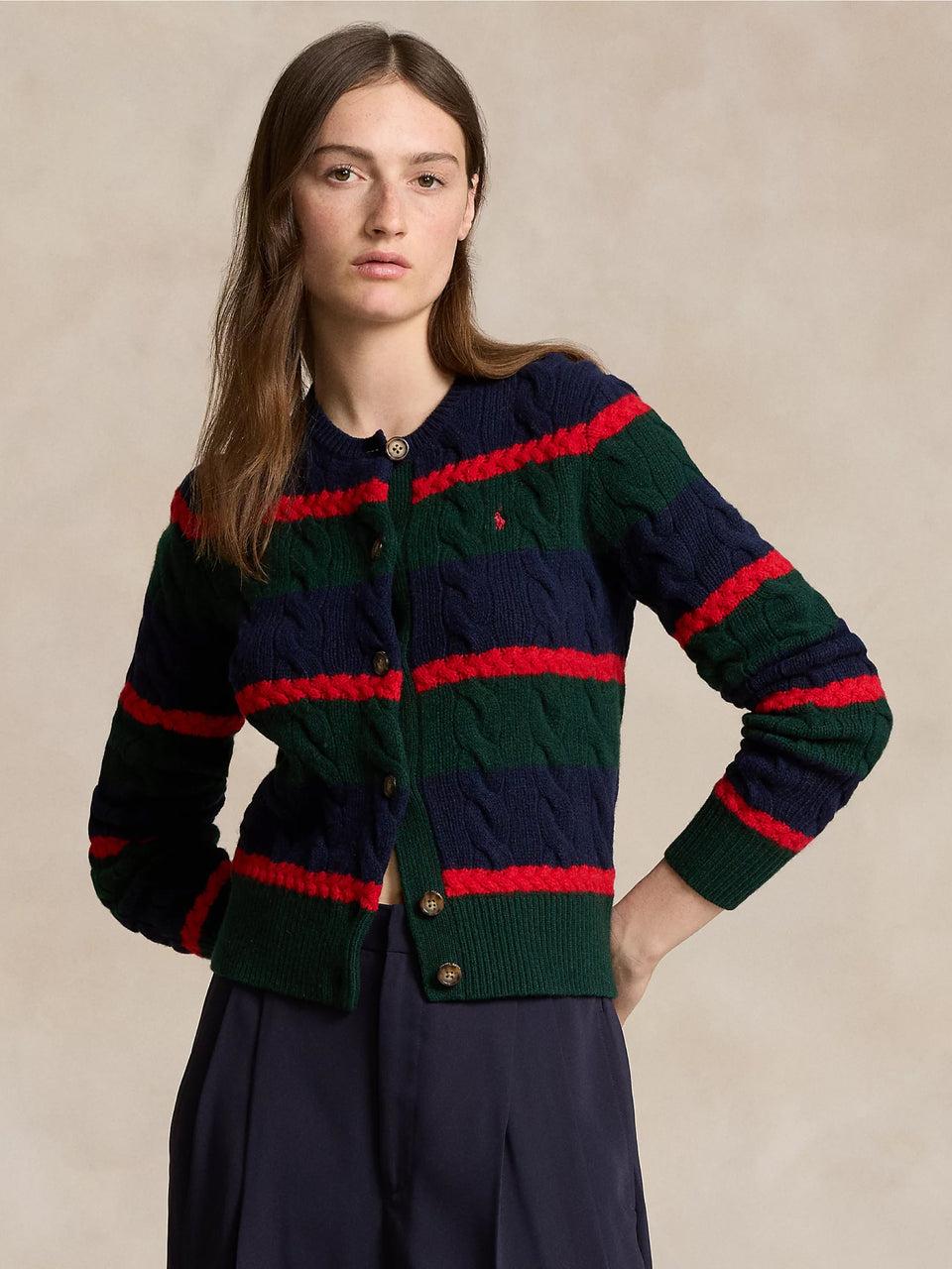 RALPH LAUREN Cardigan a Righe in Misto Cashmere Verde/Blu