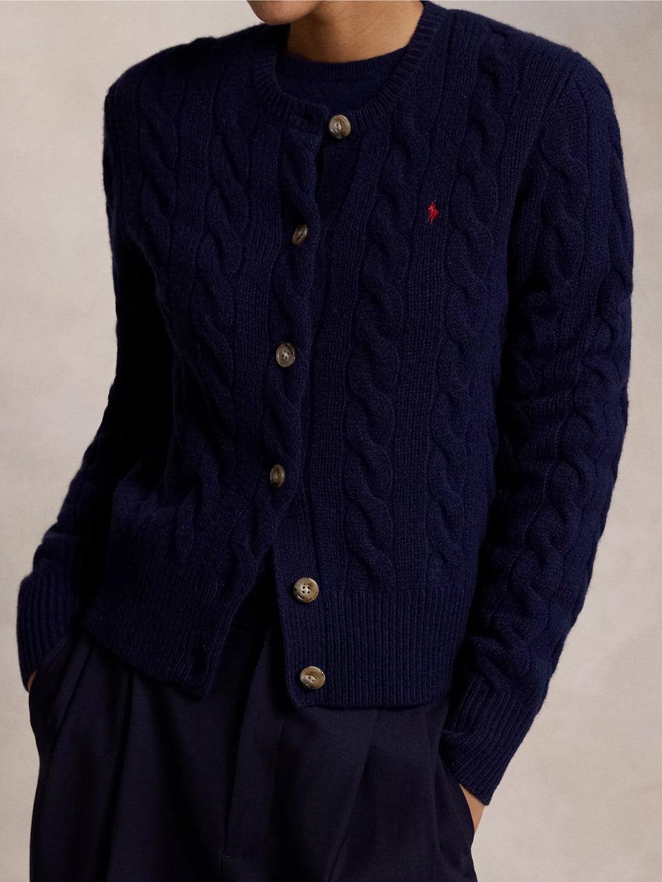 RALPH LAUREN Cardigan A Trecce In Misto Cashmere Blu